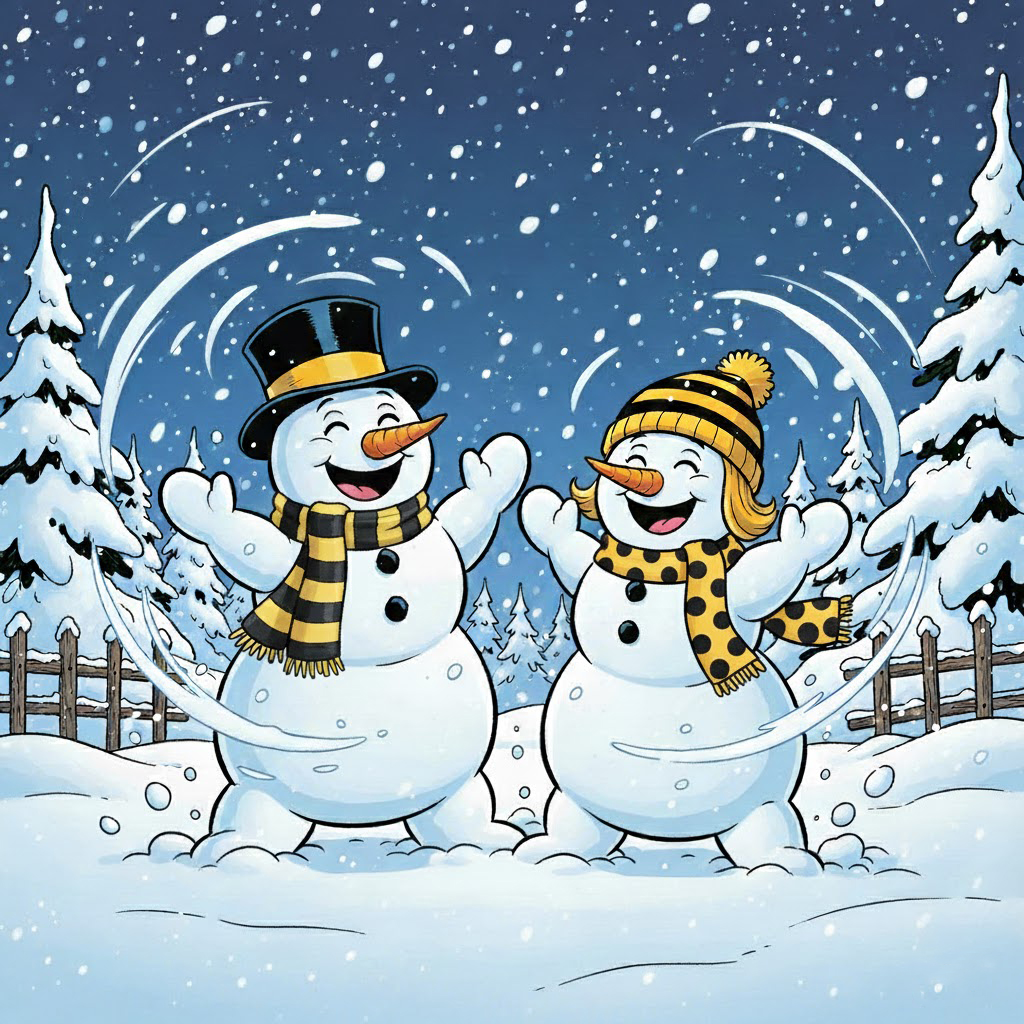 Rolletta et Rolli, deux personnages de neige, dans la neige